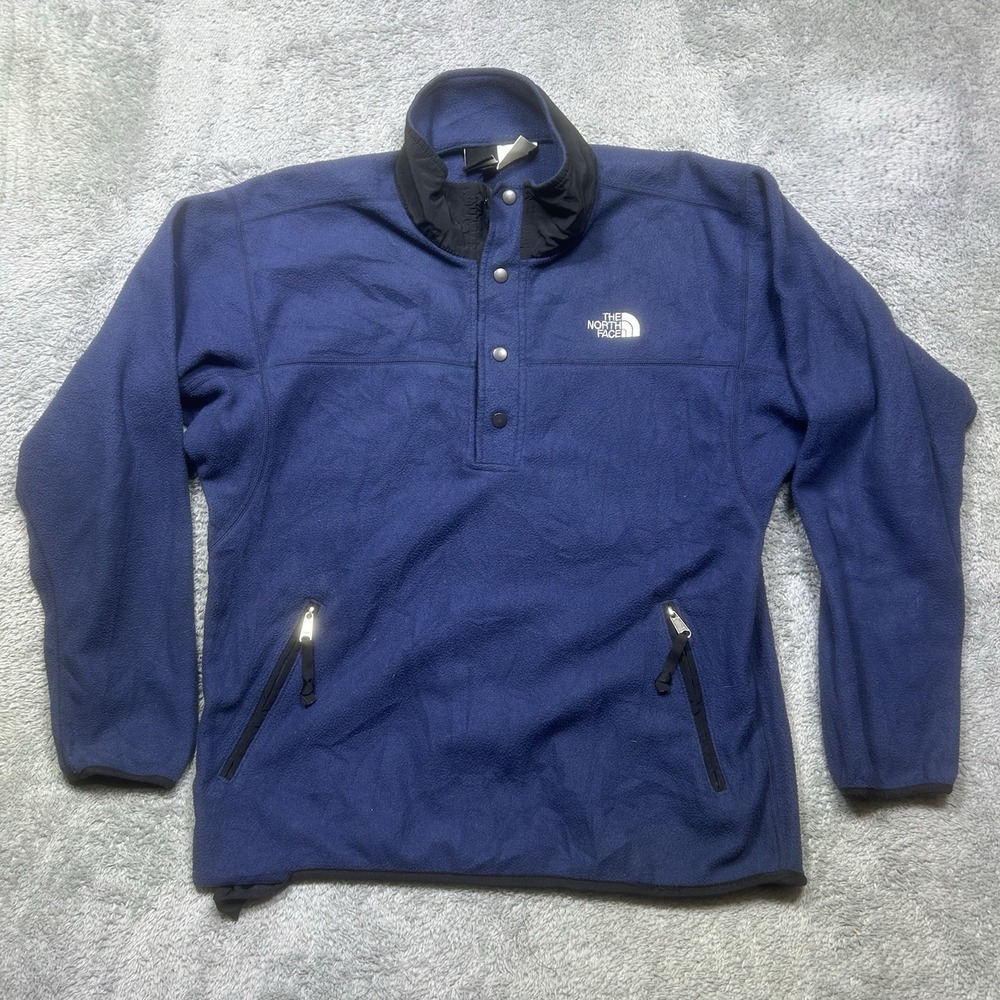 Vintage The North Face Snap-T Fleece Pullover Men's L Navy USA Made Hiking *HOLE